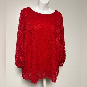Rafaella Women's Top Lace Red 3/4 Sleeve Size Large NEW Blouse Stretch